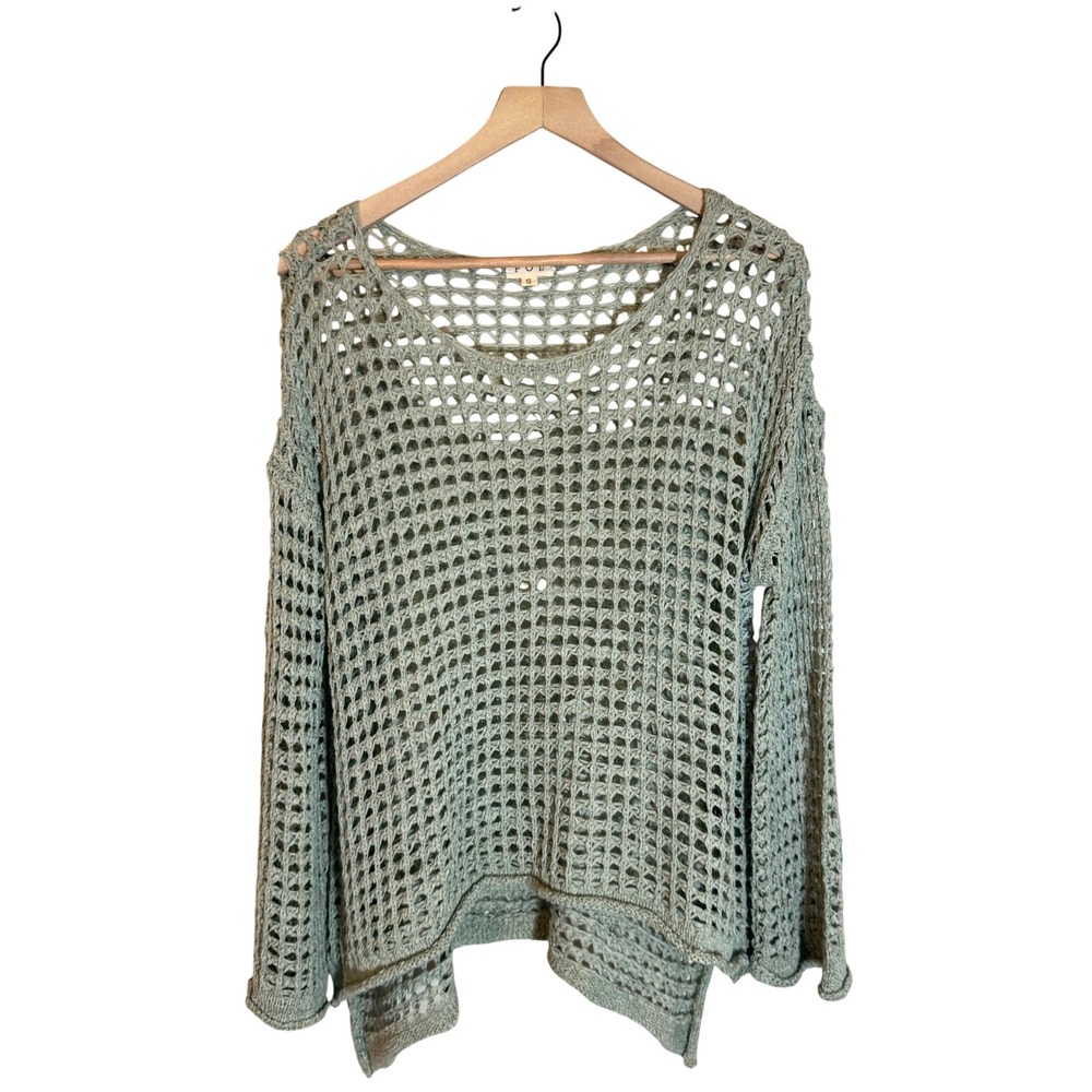 POL Open Knit Sweater S Sage Green Crochet Boho Bell Sleeve Net